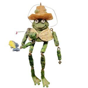 Green Frog Fisherman fishing Pole Shelf Sitter Ornament 7” Tall Posable Legs